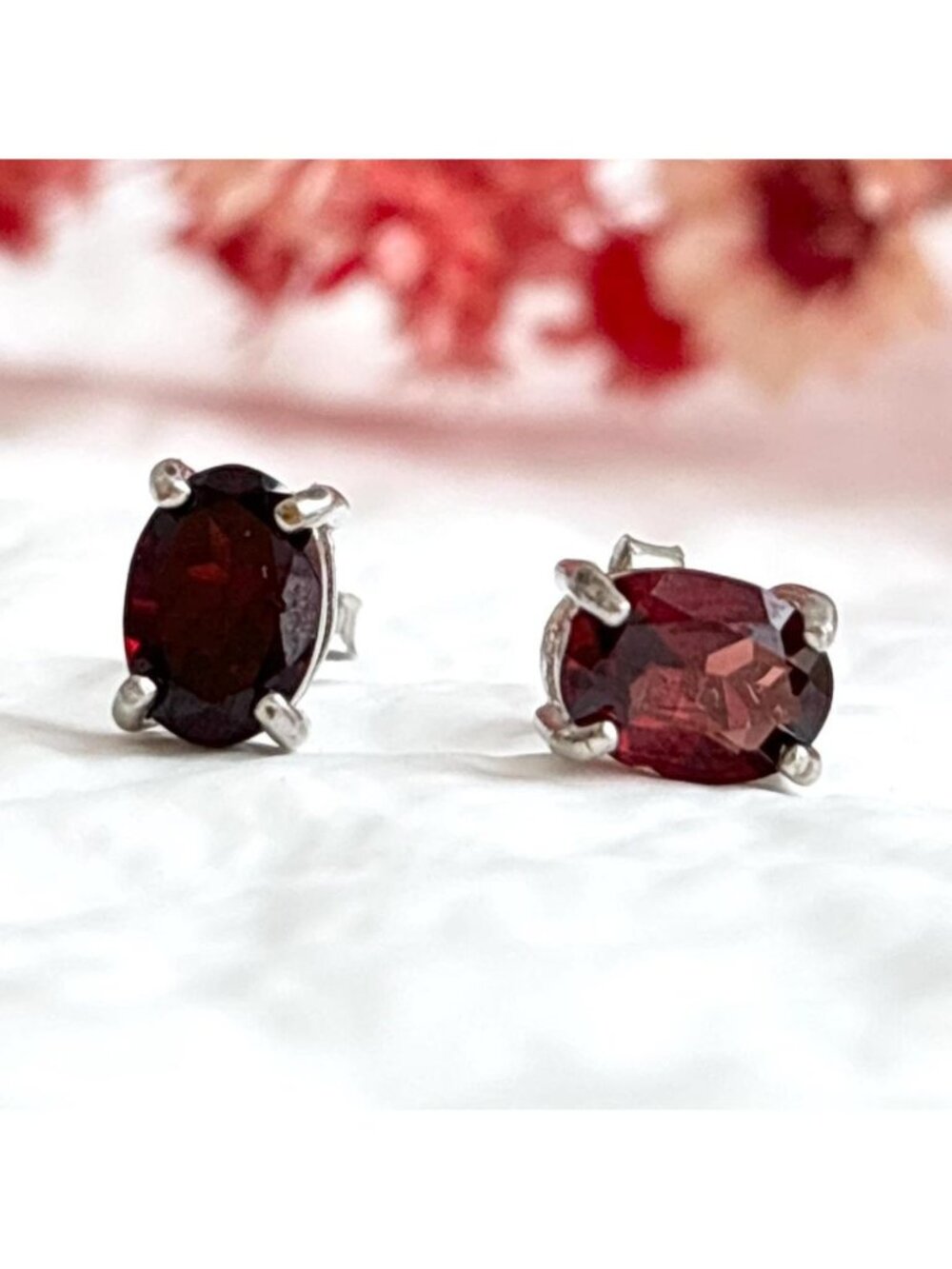 Garnet Gemstone Oval Cut Minimalist Vintage Sterling Silver 925 Stud Earrings